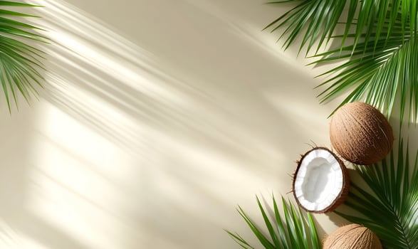 Tropical coconuts and palm leaves on bright neutral background with sunlight and shadows photo
