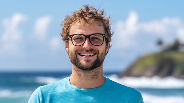 Smiling man portrait with glasses at the beach on sunny day photo