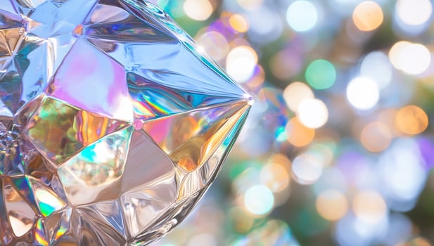 Iridescent crystal gem refraction against bokeh background photo