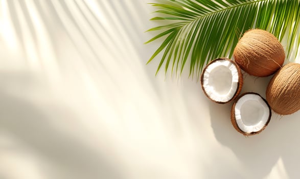 Coconuts and palm leaf still life tropical food flat lay photo