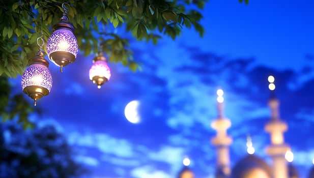 Glowing lanterns with mosque silhouette at night background photo