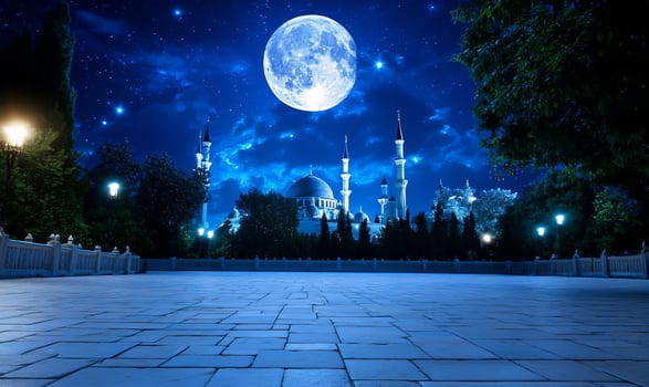 Night scene with moon over city buildings and towers photo