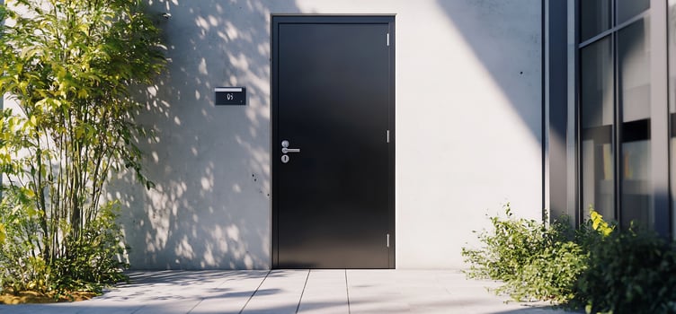 Modern home exterior with black entrance door and minimalist architecture photo
