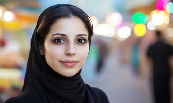 Portrait of young woman with headscarf smiling in urban setting photo