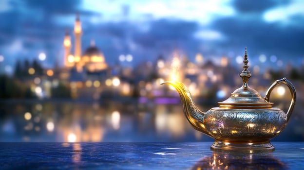 Golden lamp with blurred city background fantasy still life photo