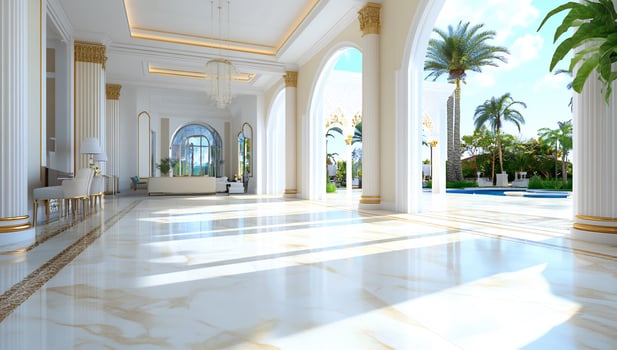 Luxurious hall interior with marble floors and tropical view photo