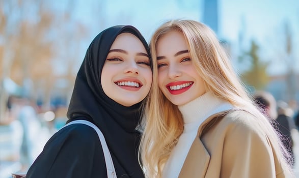 Smiling women in head covering and coat friends happiness and togetherness outdoor portrait photo