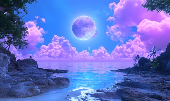 Moonlit ocean coast with clouds and rocks in blue and violet hues dreamlike seascape photo