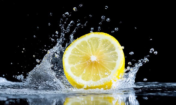 Fresh lemon slice in water splash on black background photo