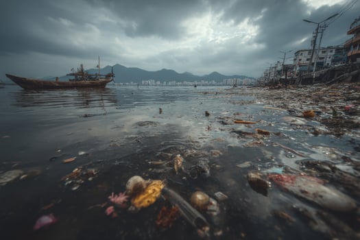 A boat sits on the water with garbage and debris photo