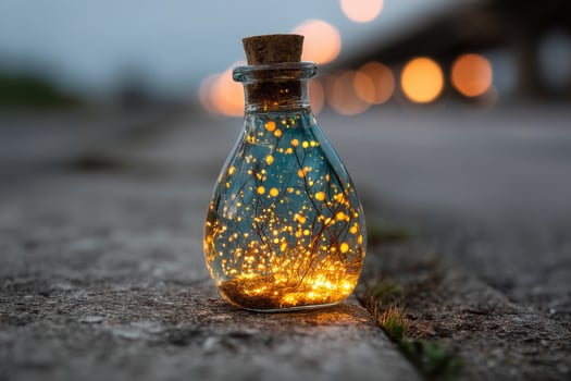 A bottle with glowing fireflies in it photo