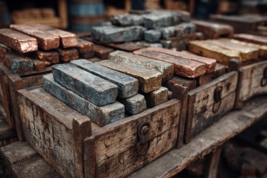 Old and new metal bars in wooden crates photo