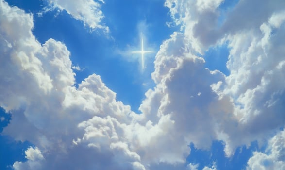 Blue sky white clouds sunlight cross radiance photo