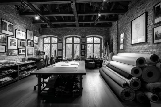 A black and white photo of a room with a desk and lots of rolls of paper