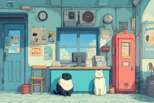 A cartoon scene with two cats and a desk photo
