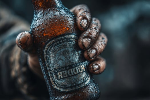 A man holding a beer bottle with a dirty hand photo