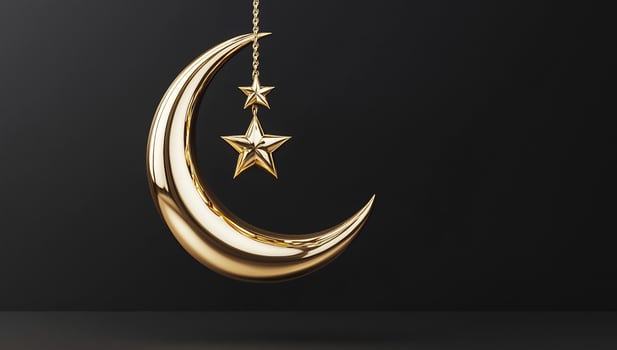 Golden crescent moon with star ornaments on dark background photo