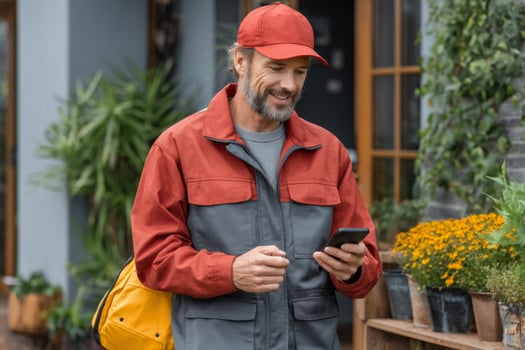 A smiling man in a red hat and jacket holding a cell phone photo