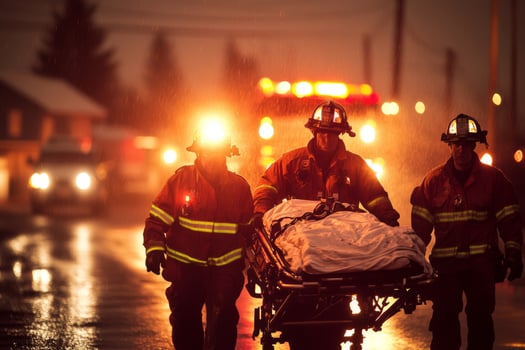 Firefighters carry a patient on a stretcher in the rain photo