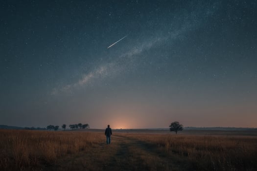 A man standing in a field looking at a shooting star photo