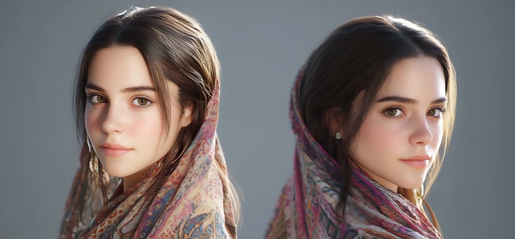 Portrait of two women wearing patterned headscarves in a studio setting showcasing cultural diversity and modest fashion photo
