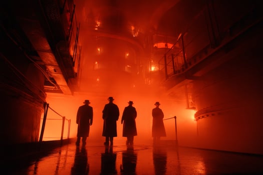Three men stand in a dark room with fog photo