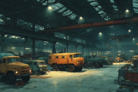A large warehouse with trucks and other vehicles photo