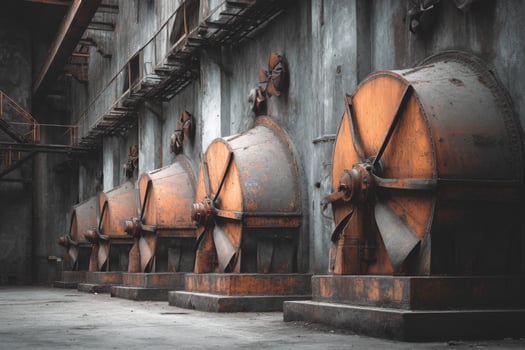 A row of old industrial machinery in a factory photo