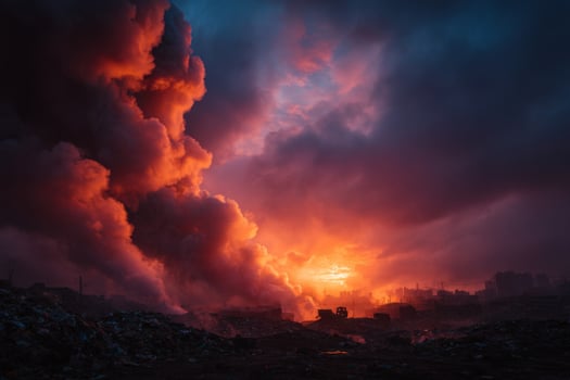 A sunset over a city with smoke coming out of it photo