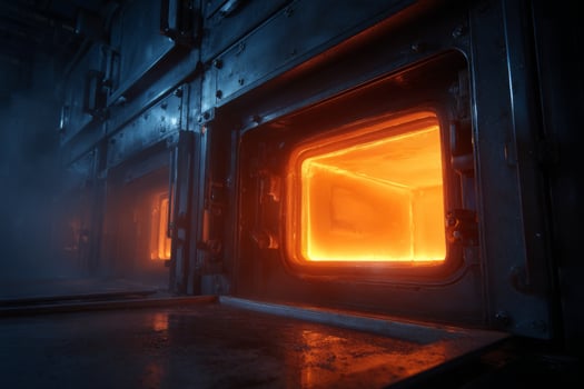 An orange light is shining through a door in a factory photo
