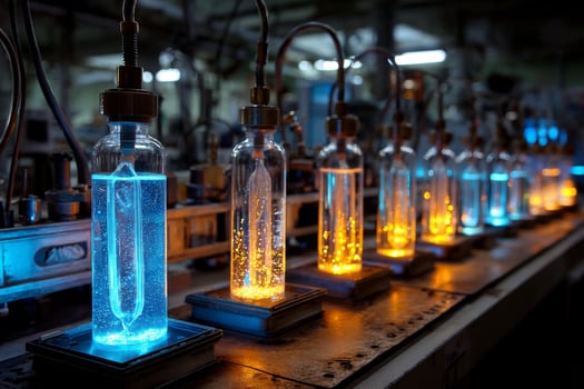 A row of glowing bottles in a factory photo