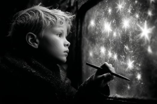 A boy looking at stars on a window photo