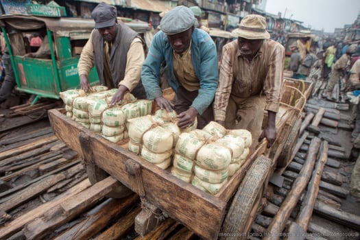 Men load sacks of rice onto a cart in a market photo