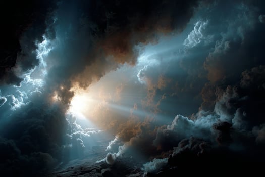 A dark tunnel with clouds and sun shining through photo