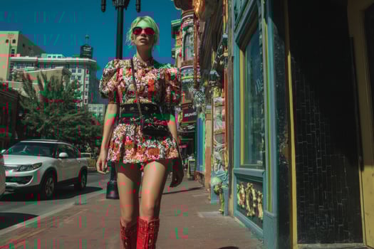 A woman in a floral dress and red boots walking down the street photo