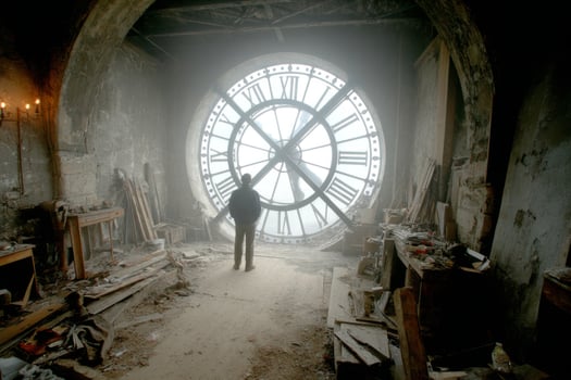 A man standing in front of a large clock in a room photo