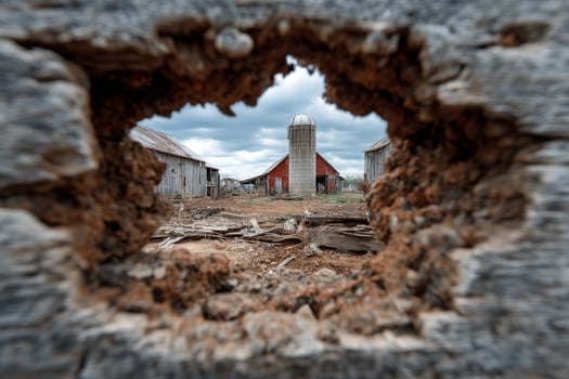 A hole in the wall with a barn in the background photo