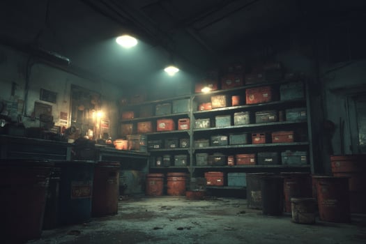 The dark room is filled with barrels and boxes photo