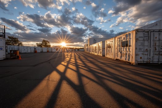 The sun is setting behind a row of shipping containers photo