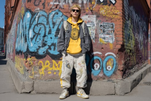 A man in yellow sweatshirt and white sneakers stands in front of a graffiti covered wall photo