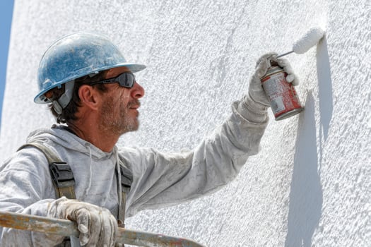 A man in a hard hat and safety glasses is painting a white wall photo