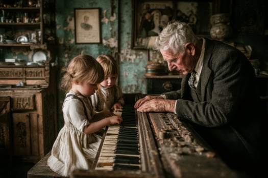 An old man and two little girls playing an old piano photo