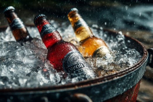 Three bottles of beer in a bucket of ice photo