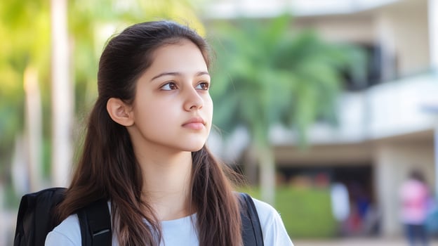 Portrait of a thoughtful young girl with backpack in natural light student and youth concept photo