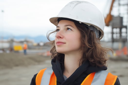 Female construction worker inspecting building site wearing safety gear photo
