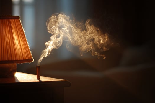 A cigarette is sitting on a table next to a lamp photo