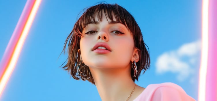 Portrait of young woman against blue sky backdrop with neon lights photo