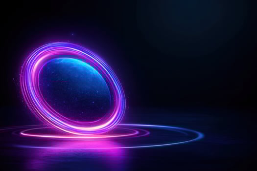 Glowing orb levitates, neon rings, dark studio, futuristic background, tech concept photo