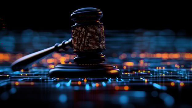 Digital Justice Gavel on Circuit Board, Cyber Background photo