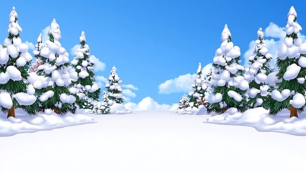 Snowy forest scene cartoon winter landscape with evergreen trees photo